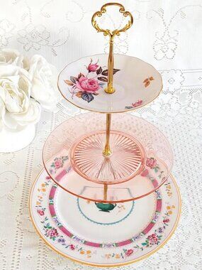3 Tier Cake Stand Vintage Mismatched China Pink Depression Glass Tea Party Tower